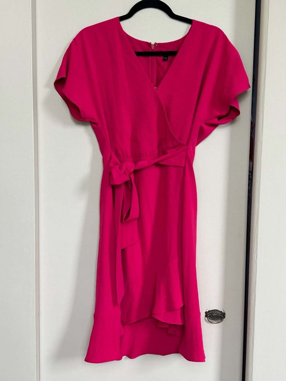 Express Magenta Flutter Sleeve Faux Wrap Ruffle Hem Dress